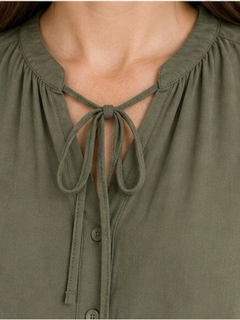 Olive Tie-Neck Button Front Blouse - Women's Top - Picture 4 of 6